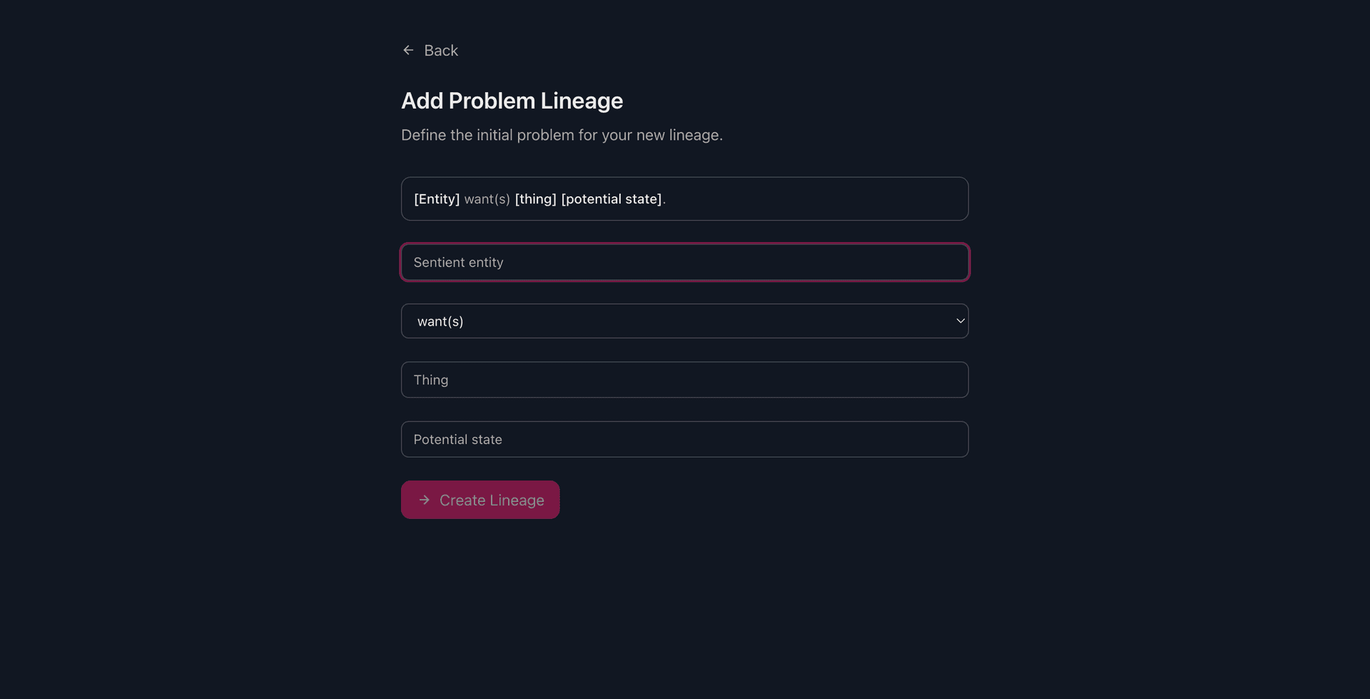 Problem identification form showing fields for entity, desire type, thing, and potential state